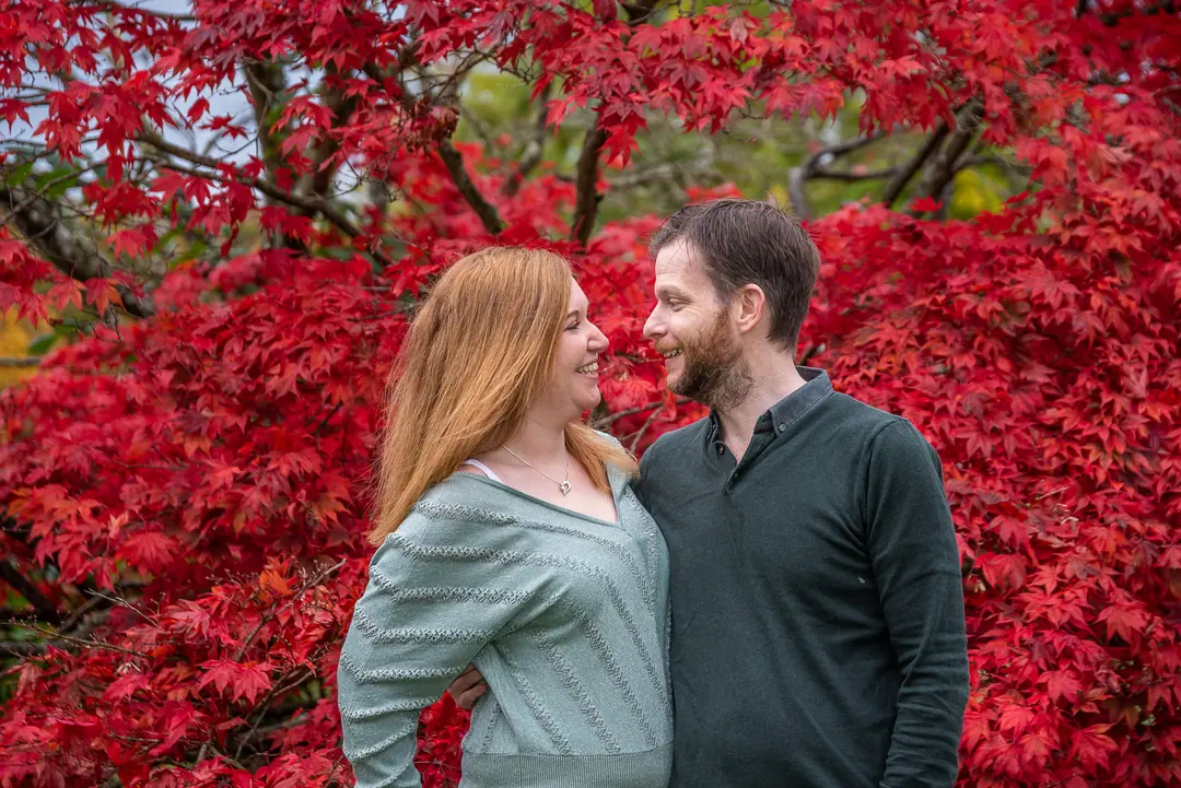 Couple in front of a crimson acer