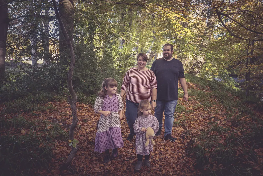 Family portrait in autumn woodland