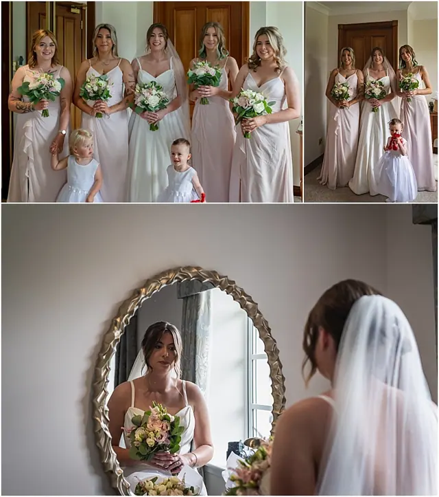 Bride checking her veil in a mirror on the wedding morning