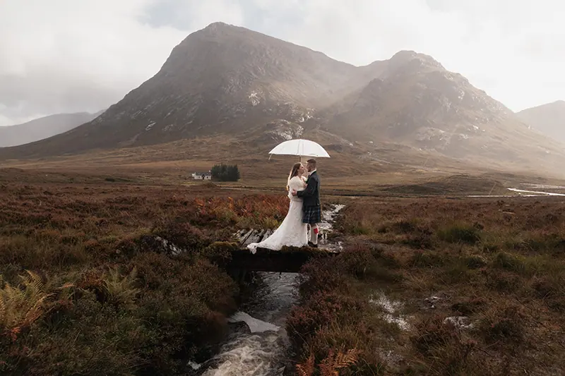 Bride with a white umbrella beneath Buachaille Etive Mòr, shot on 35mm film