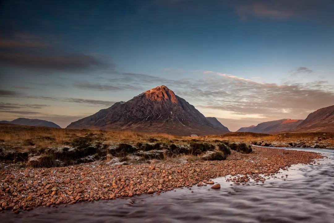 Buachaille Etive Mòr glowing at first light, Glencoe