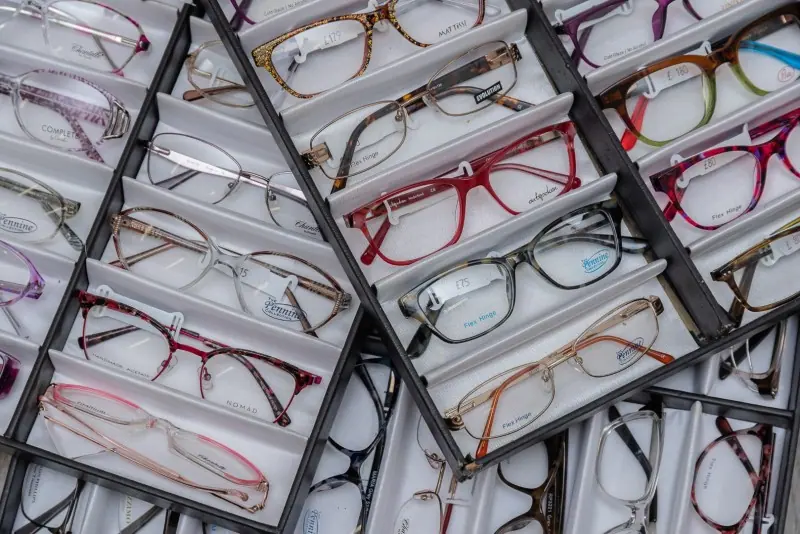 Rows of designer spectacle frames