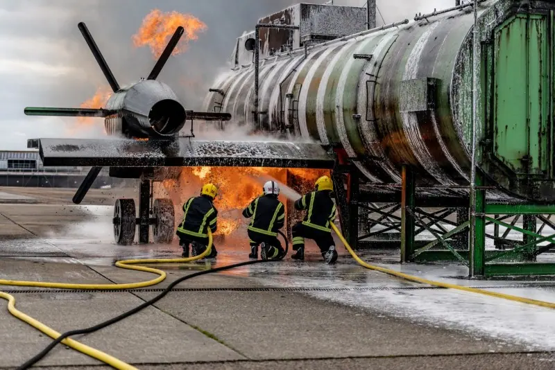 Fire crews tackling a live fire on a training rig