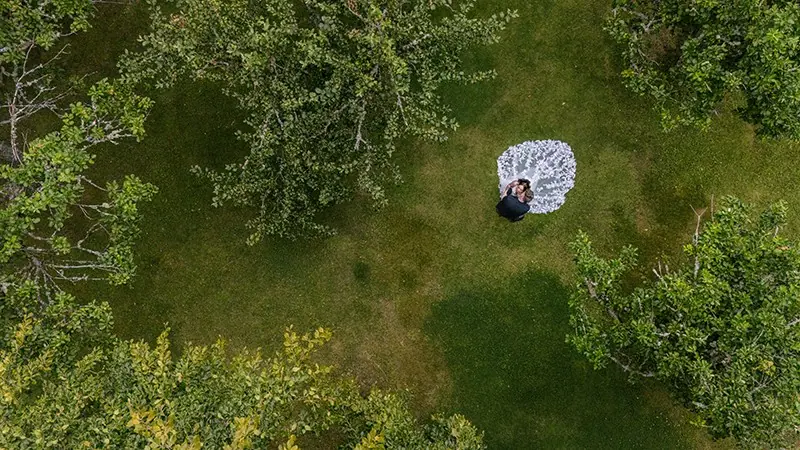 Aerial view of a bride and groom on the grass