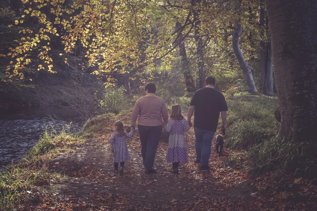 Family walking along a woodland path