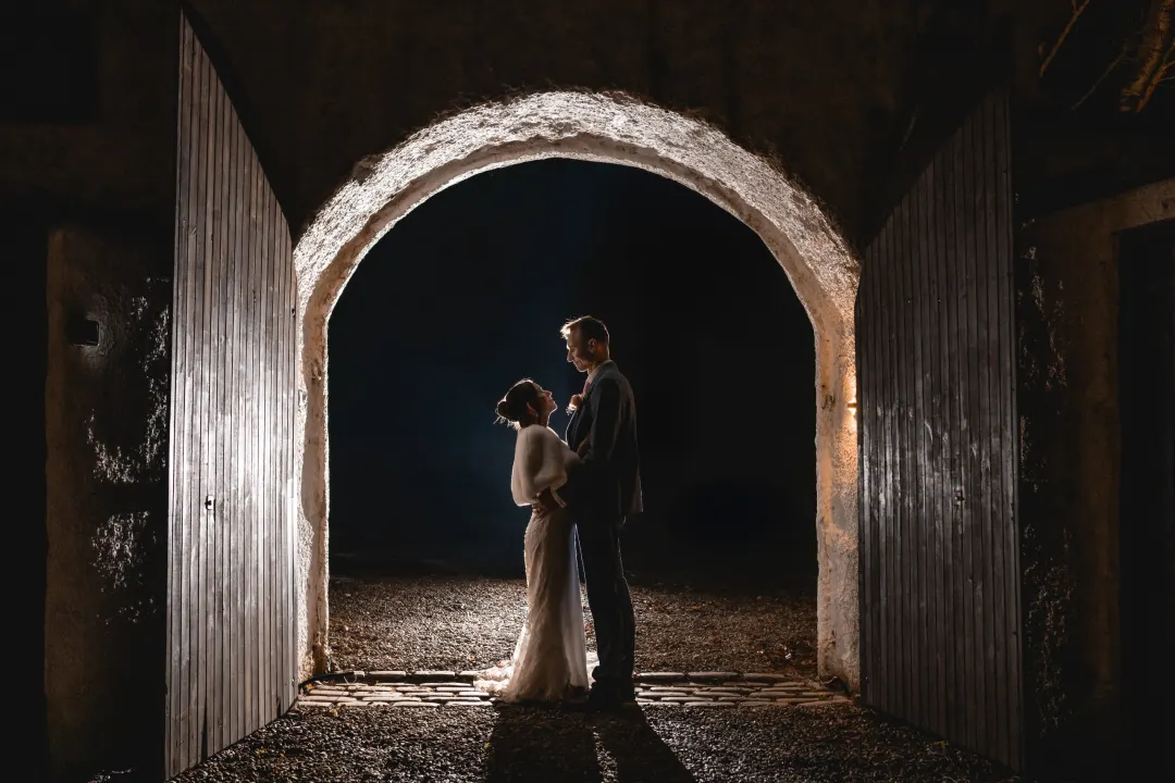 A bride and groom at a hybrid wedding at Logie Country House, Aberdeenshire